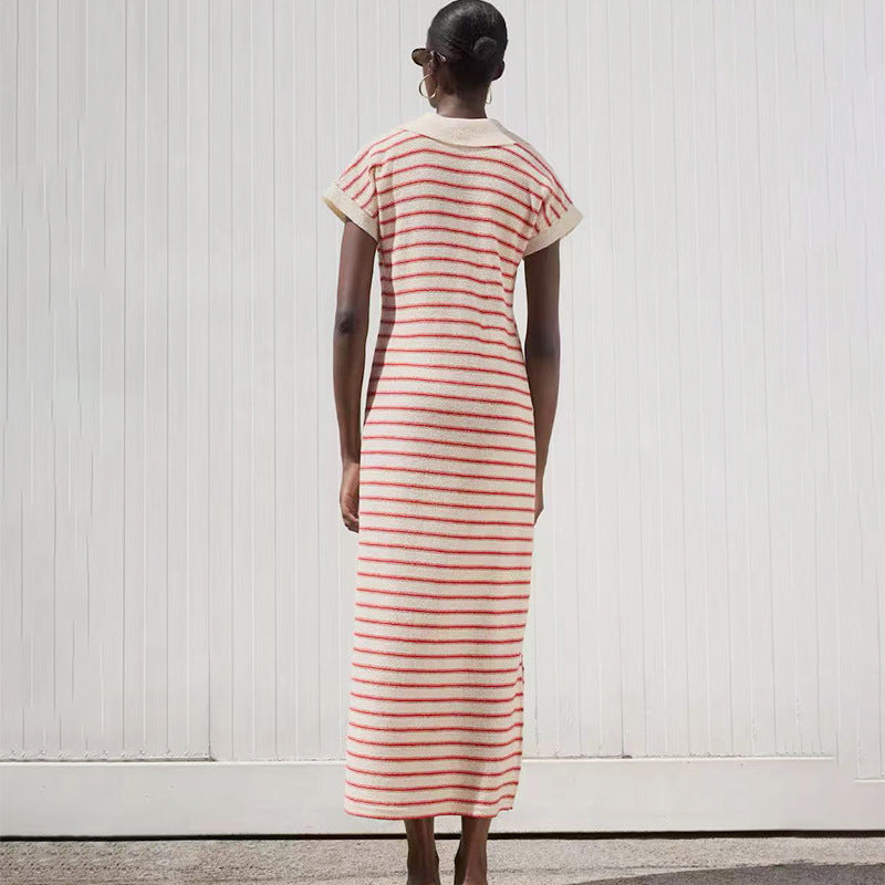 Women's knitted long dress, loose lapel, short-sleeved, V-neck striped dress