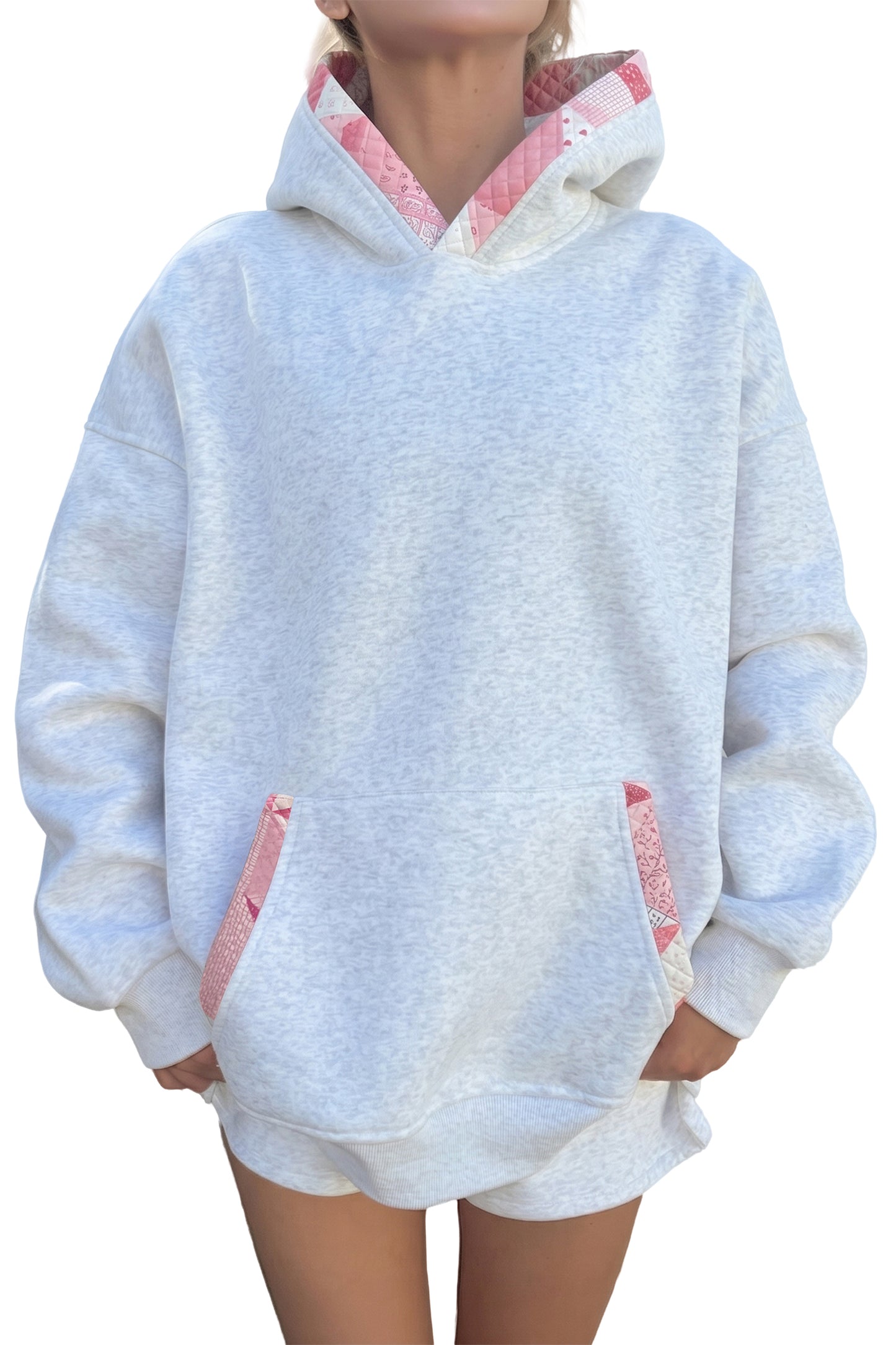 Gray Contrast Printed Trim Pocketed Oversized Hoodie