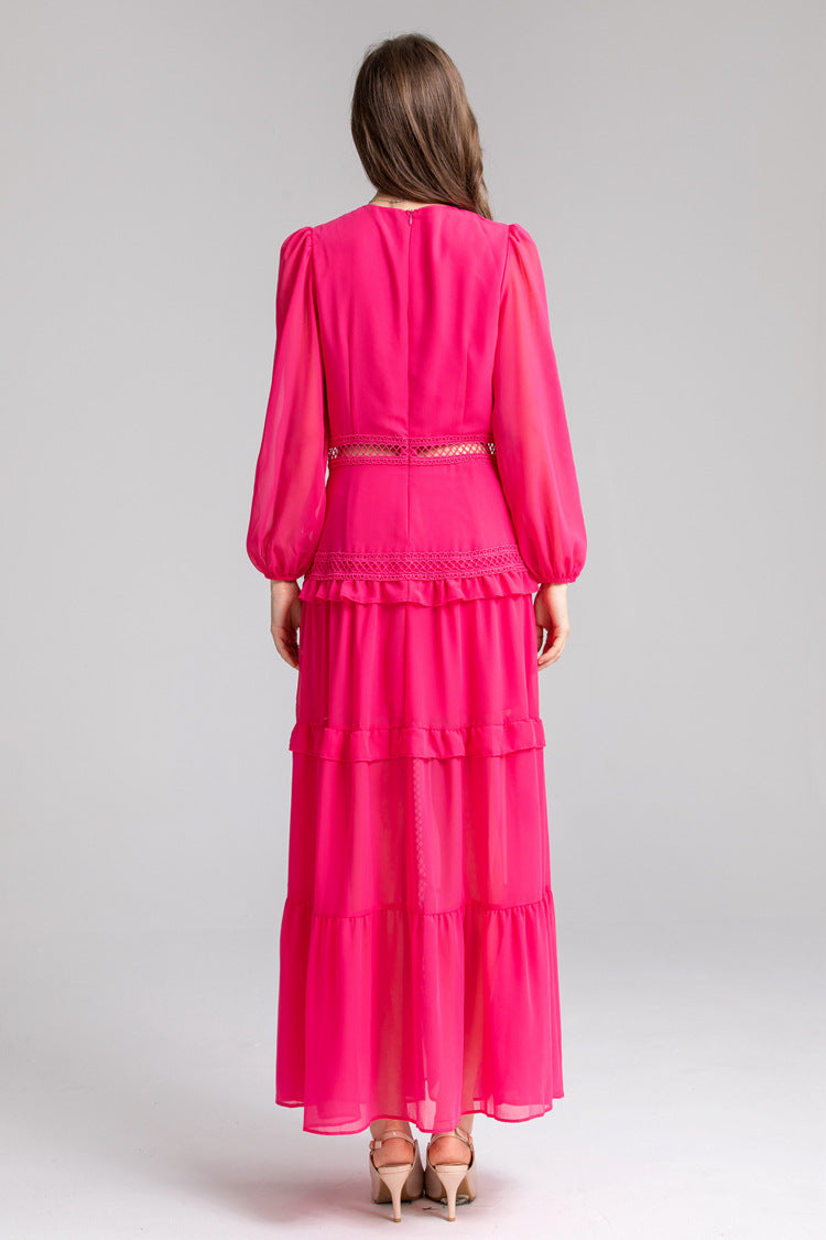 women's long dress with ruffle details