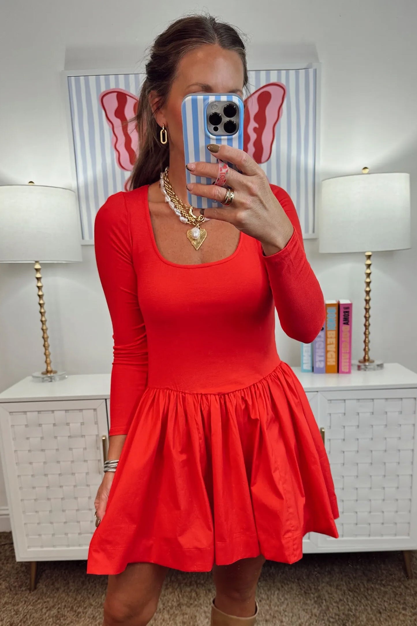 Fiery Red Solid U Neck Long Sleeve Fit and Flare Dress for Daily Wear