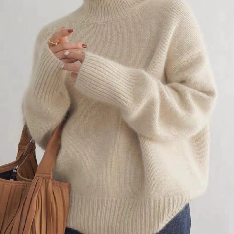 high-neck sweater for women, loose and versatile knitted pullover