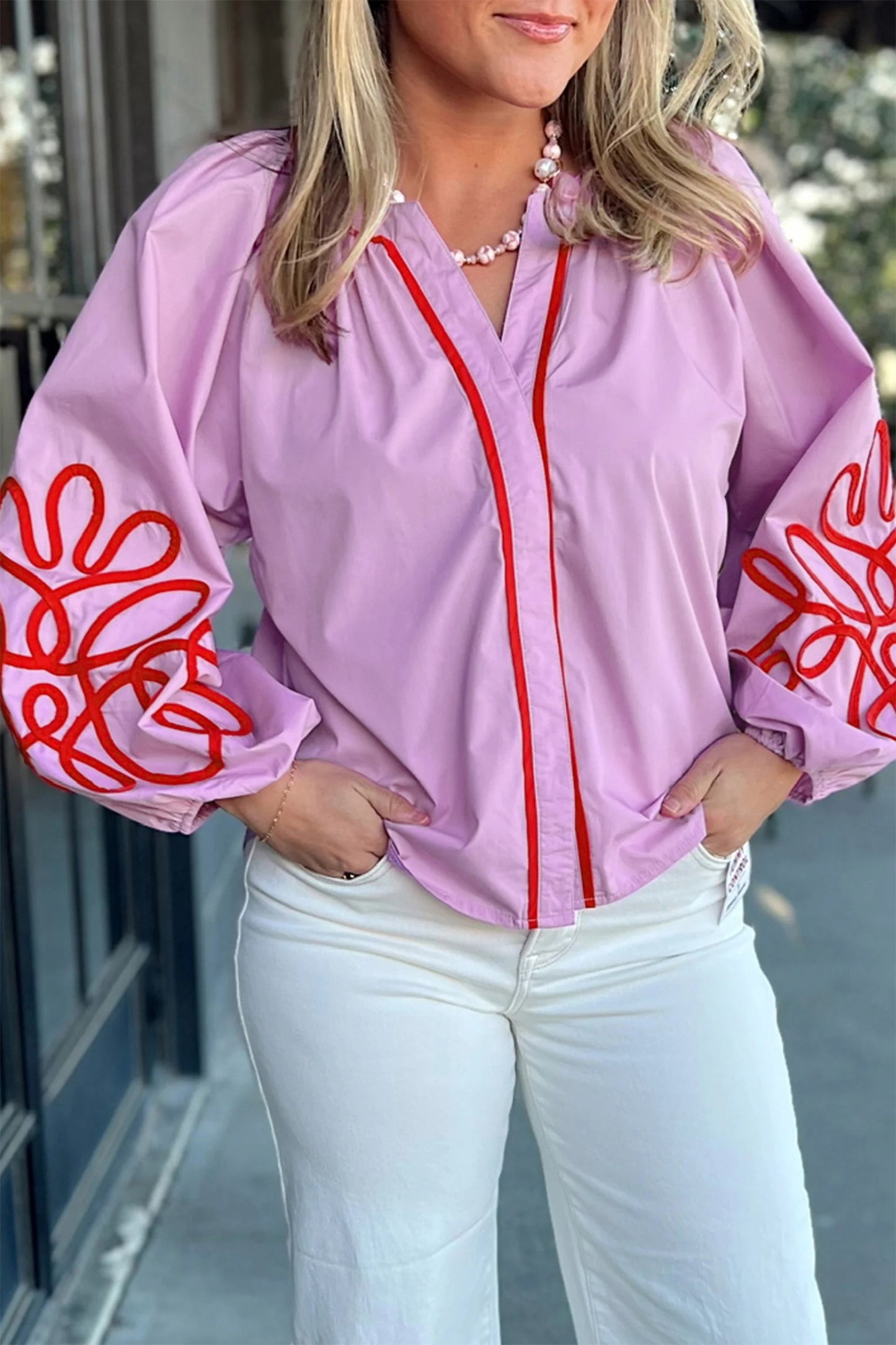 Orchid Bouquet Colorblock Long Sleeve Regular Fit Casual Pullover Top