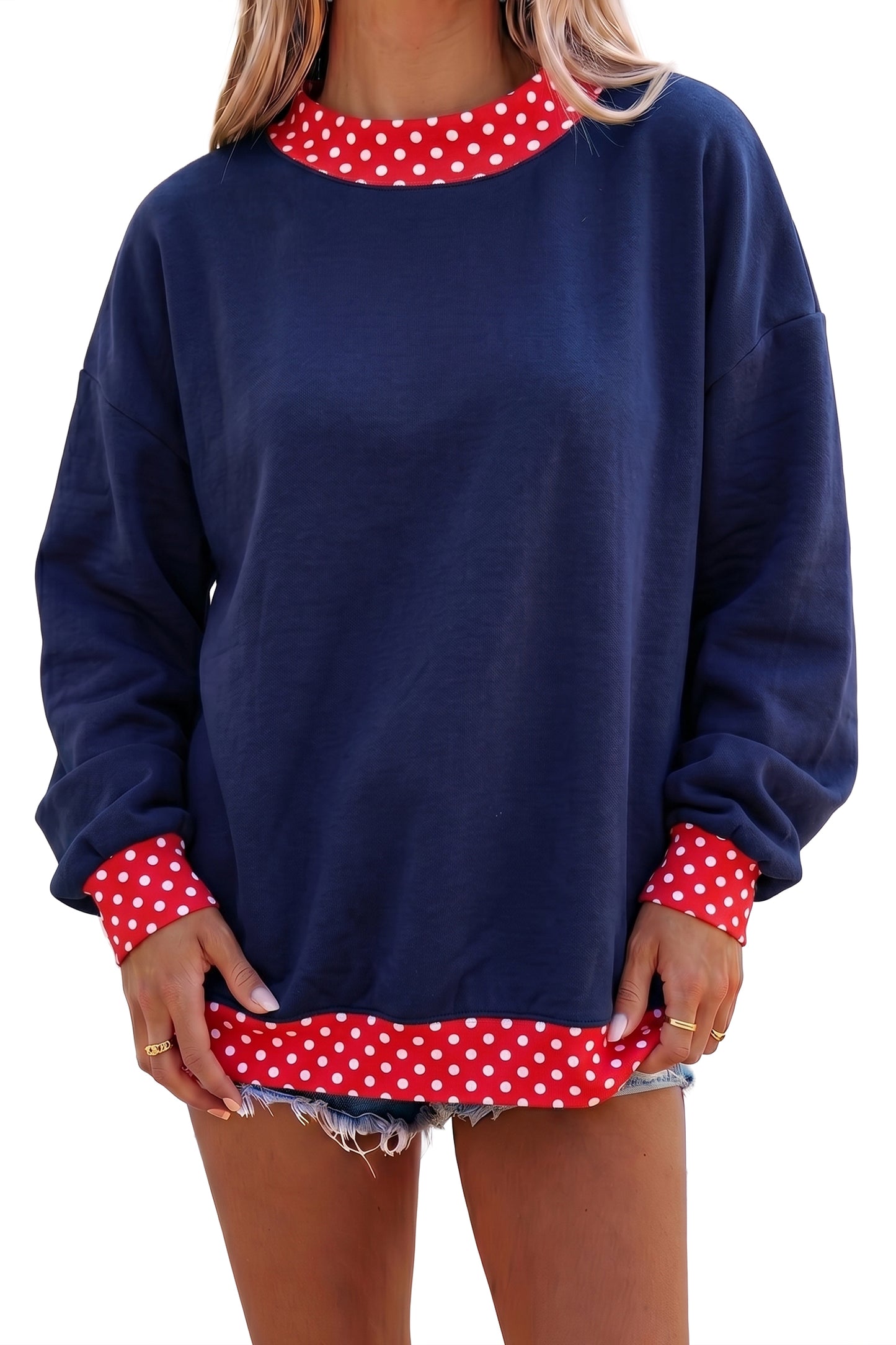 Racing Red Colorblock Polka Dot Contrast Trim Oversized Sweatshirt