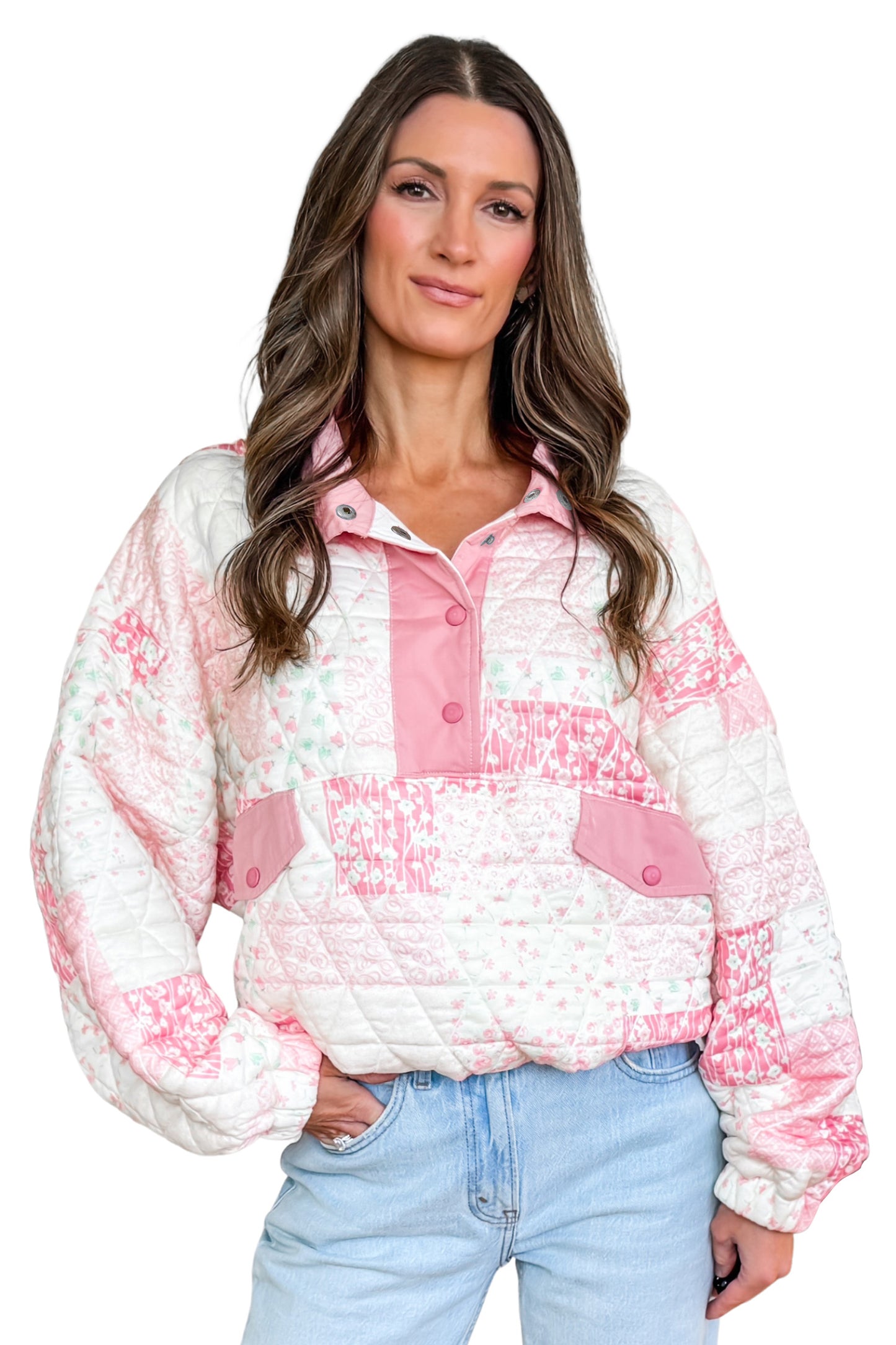 Multicolour Floral Quilted Half Button Pocketed Pullover Sweatshirt