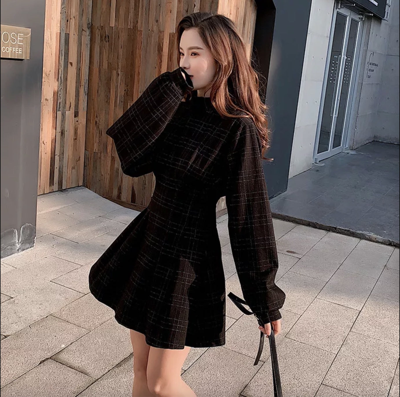 Plaid waist-cinching dress, little black dress