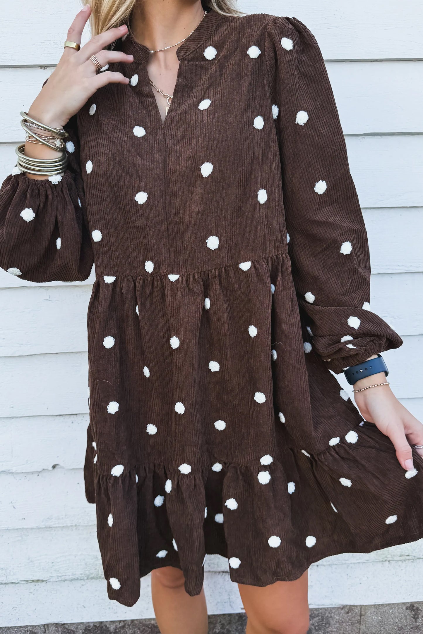 Chicory Coffee Corduroy Polka-Dot Dress