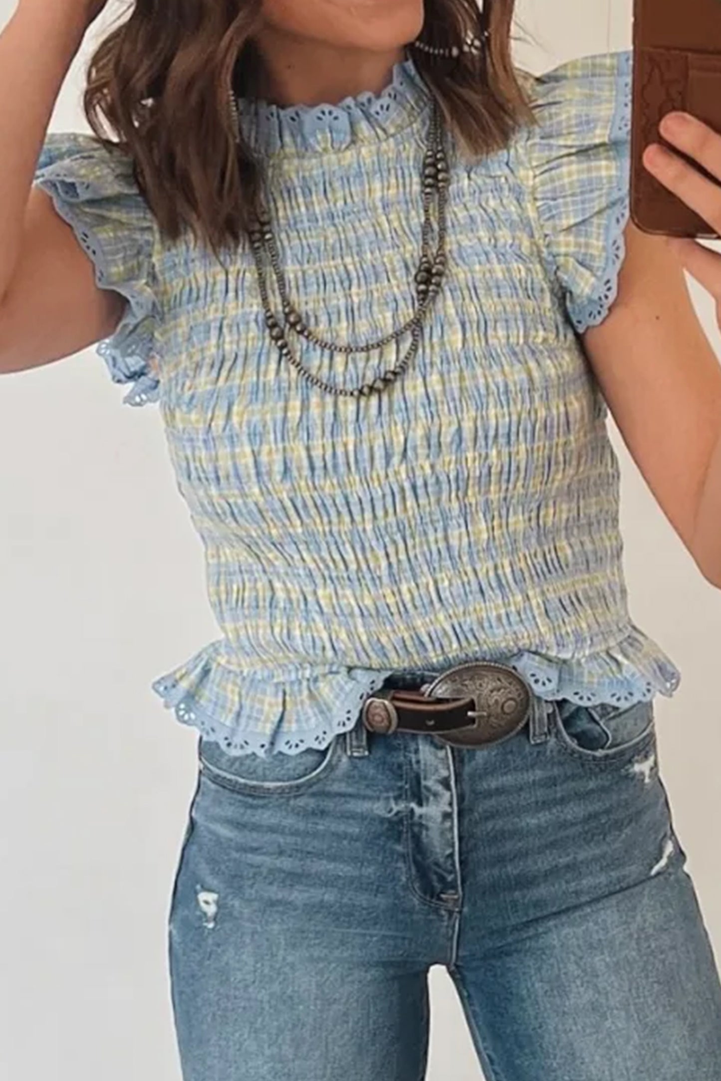 Multicolour Gingham Smoked Lace Trim Tank Top