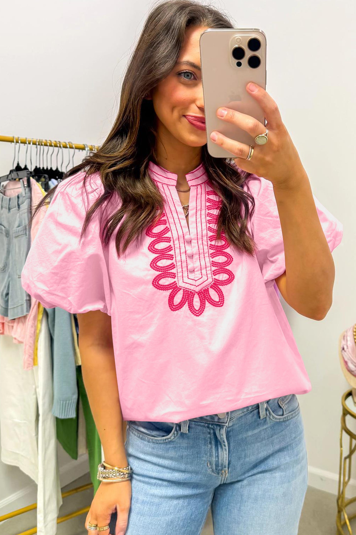 Pink Embroidered Puff Sleeve Top