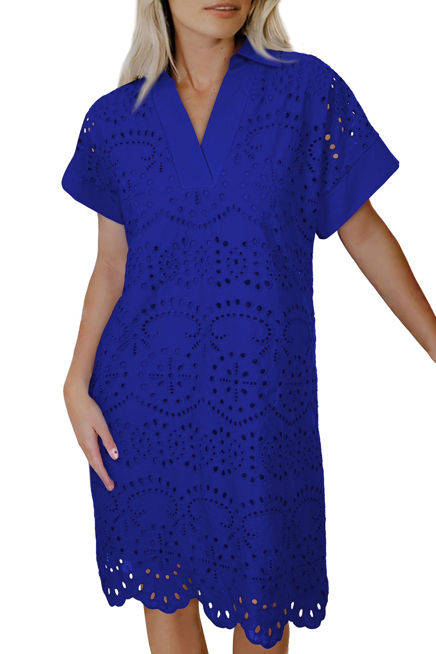 Rose Red Solid Color Eyelet Embroidered T Shirt Mini Dress