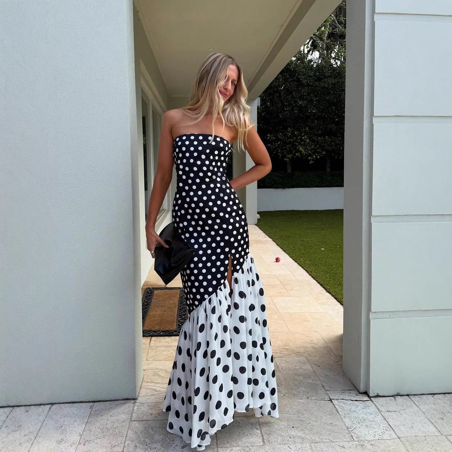 Strapless polka dot strapless dress with slit