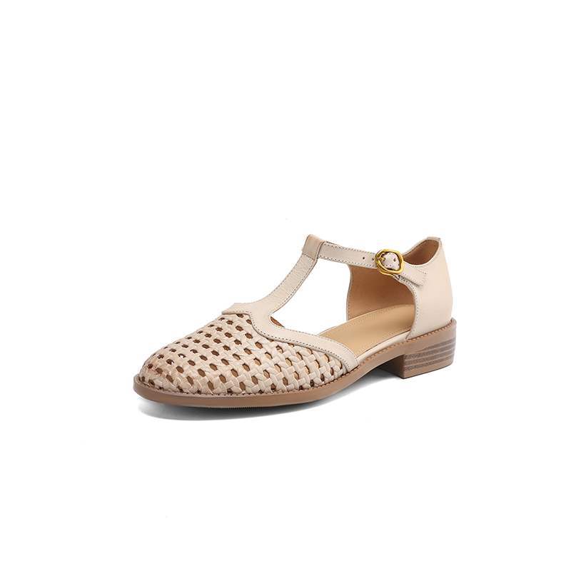 woven hollowed-out leather thick-heeled women's shoes