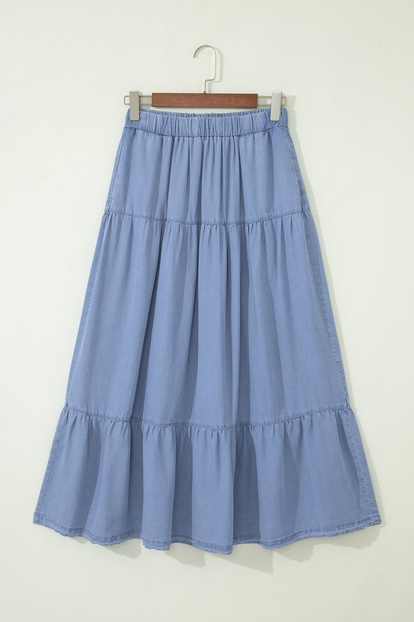 Black Elastic Waist Ruffled Tiered Flared Denim Maxi Skirt