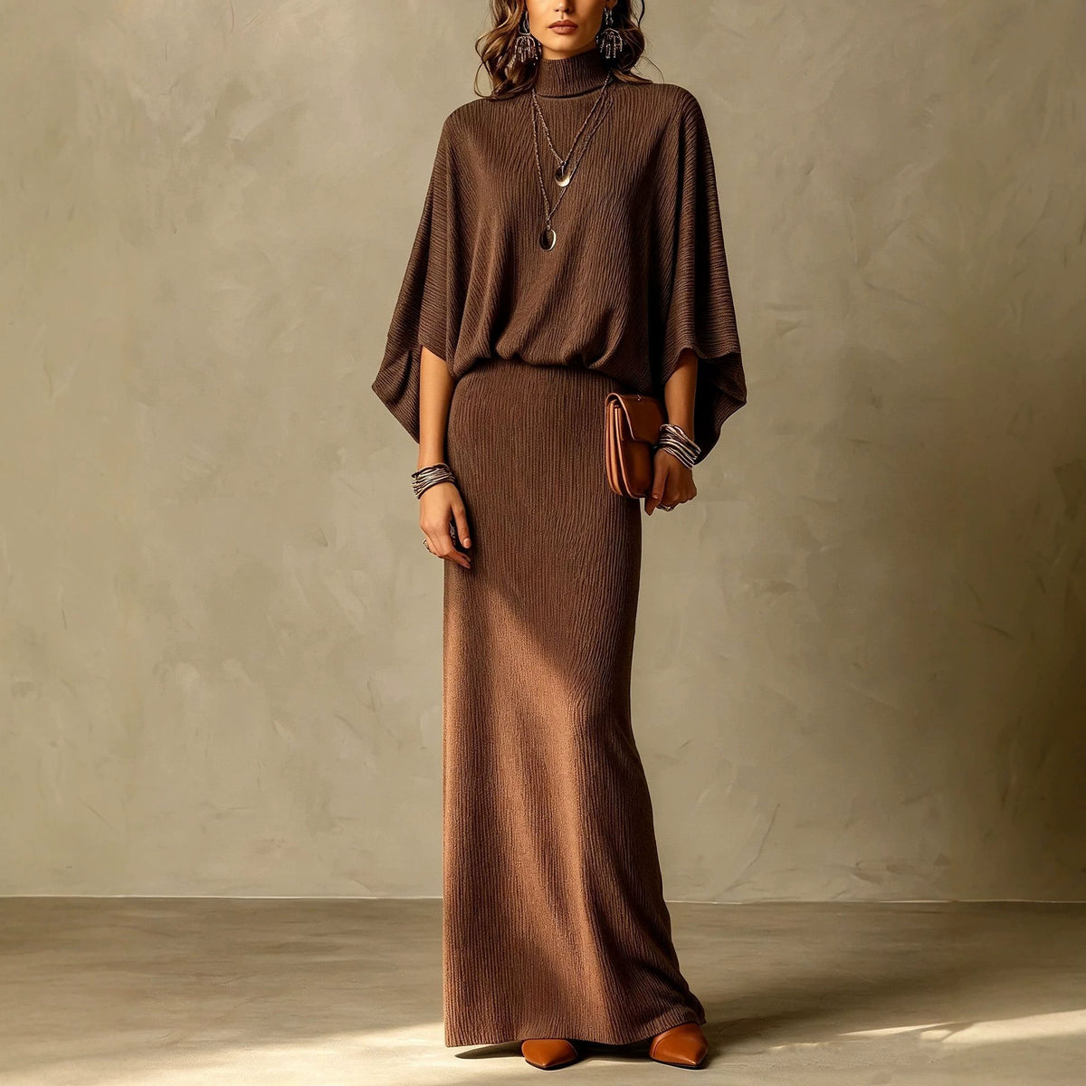 Solid-color bat wing jacket and form-fitting two-piece set