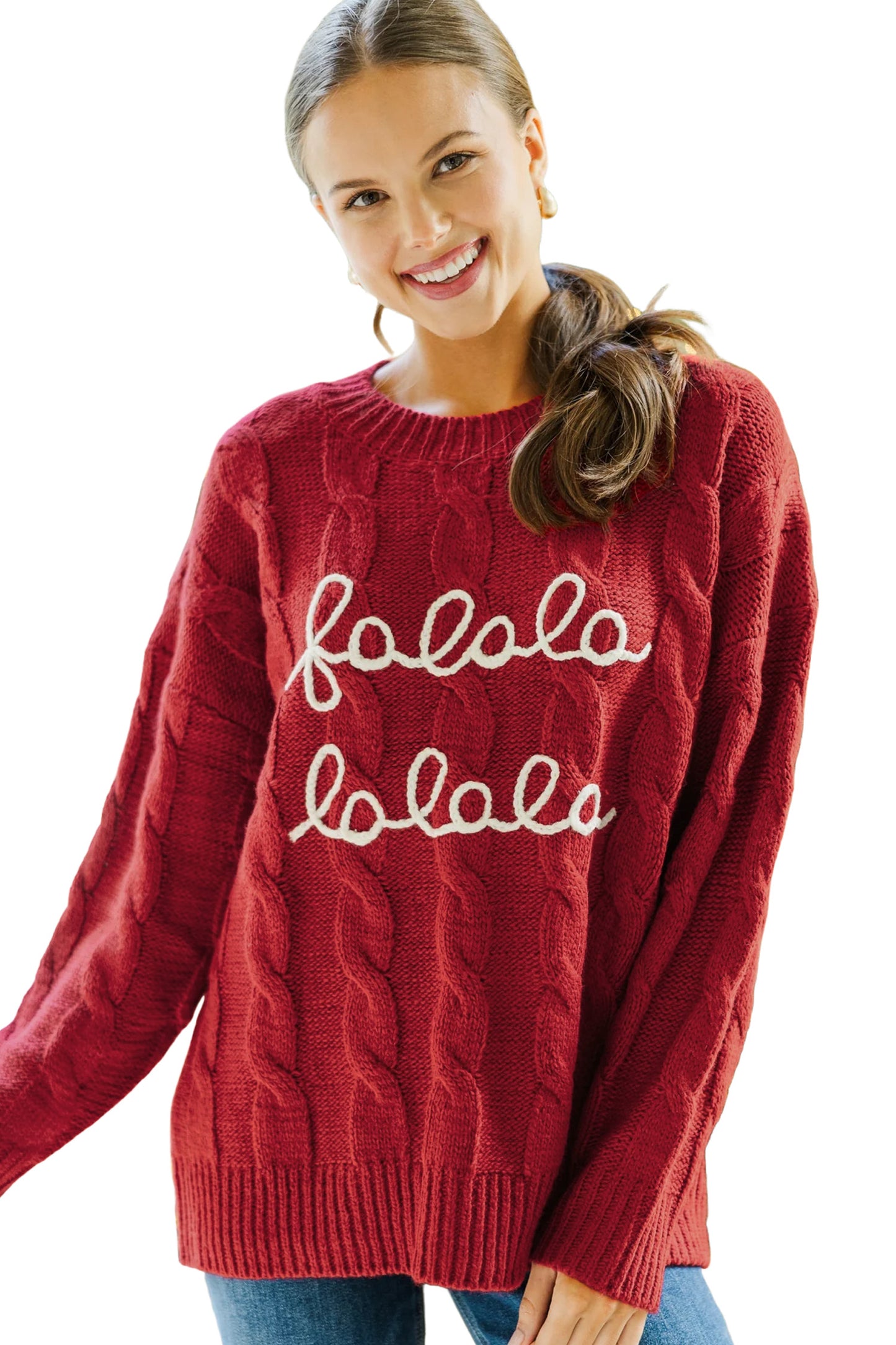 Fiery Red Falala Cable Knit Dropped Shoulder Pullover Sweater