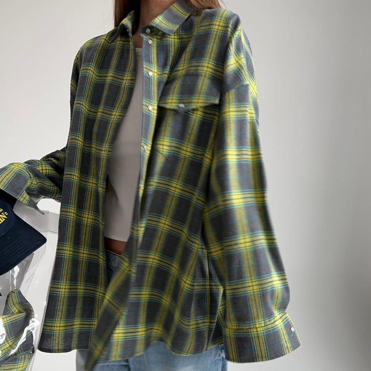 Loose fit plaid button down shirt