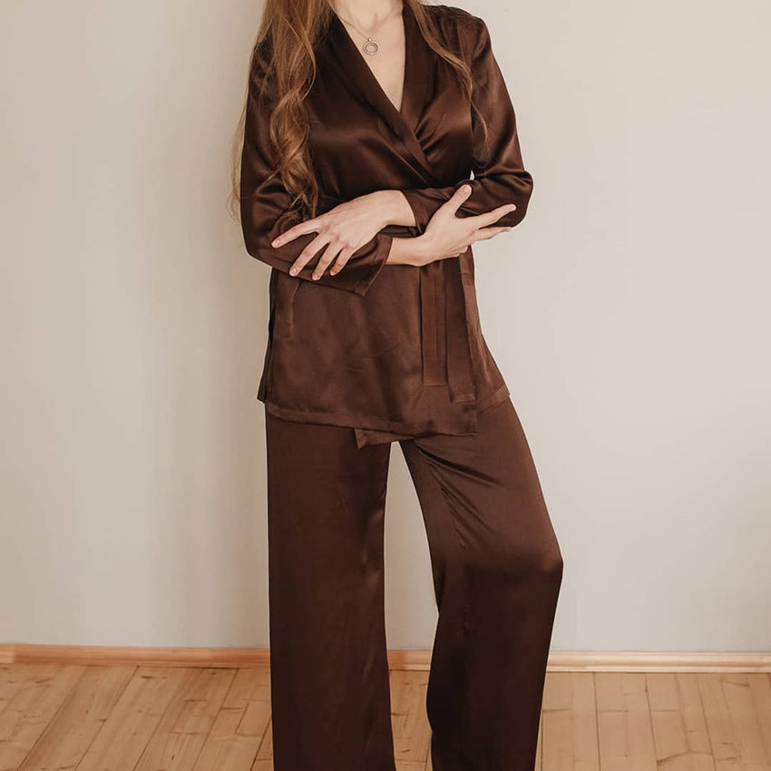 imitation silk cardigan blouse trousers pajamas set