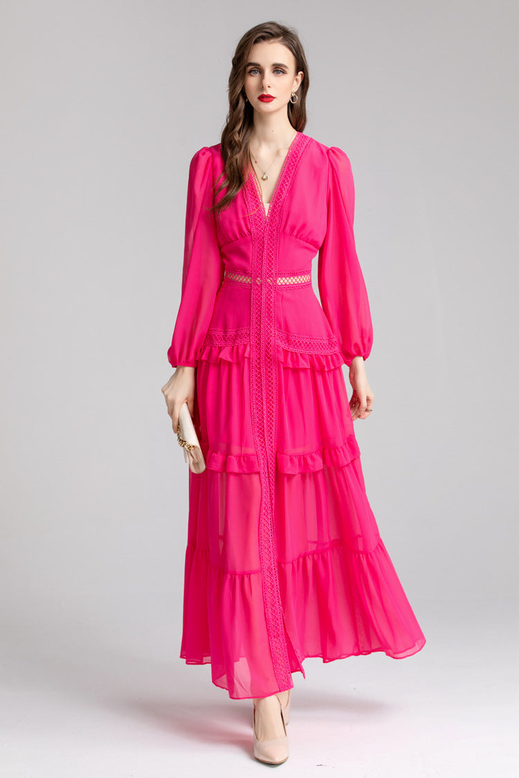 women's long dress with ruffle details