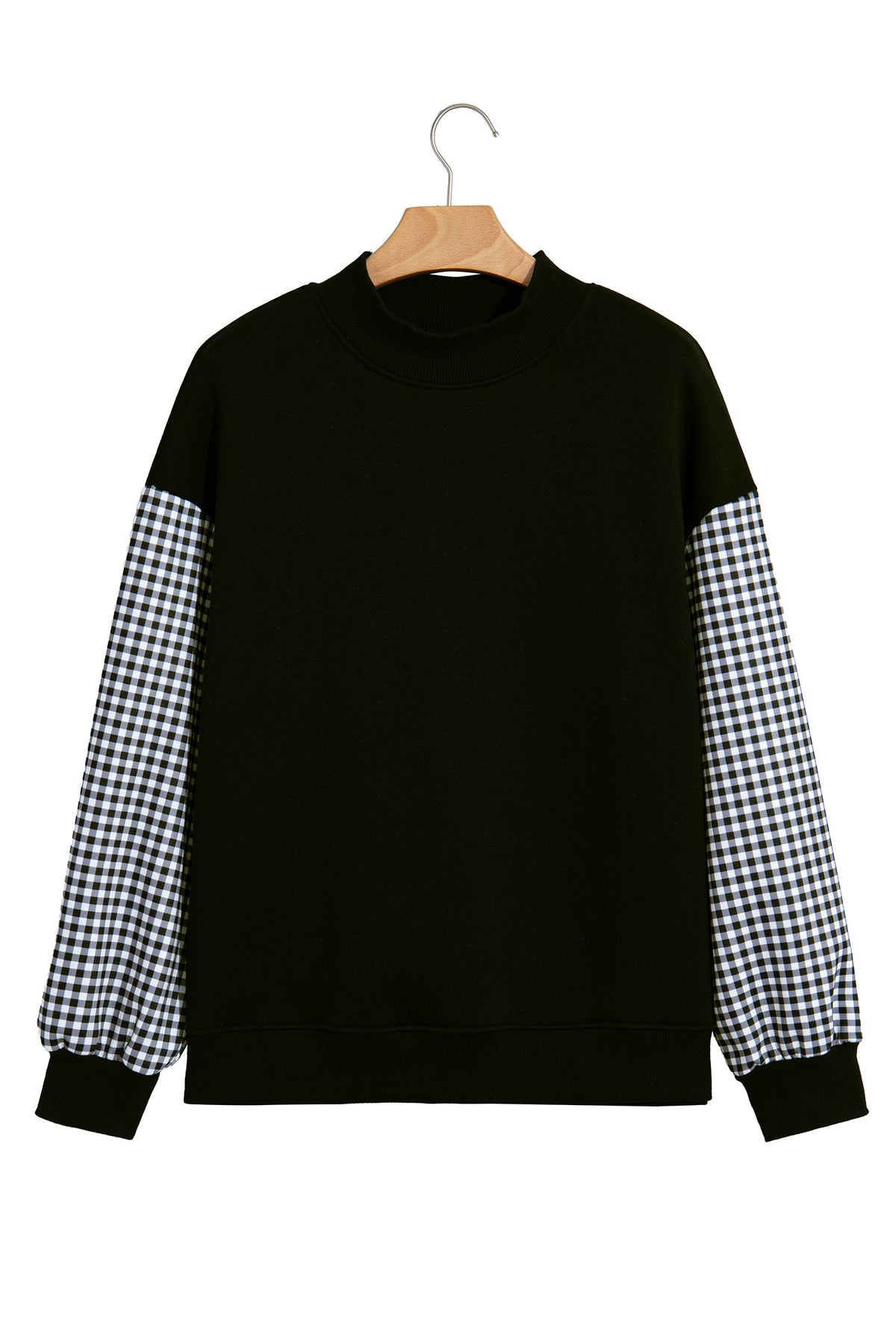 Coffee Plaid Sleeve Colorblock Loose Tunic Sweatshirt