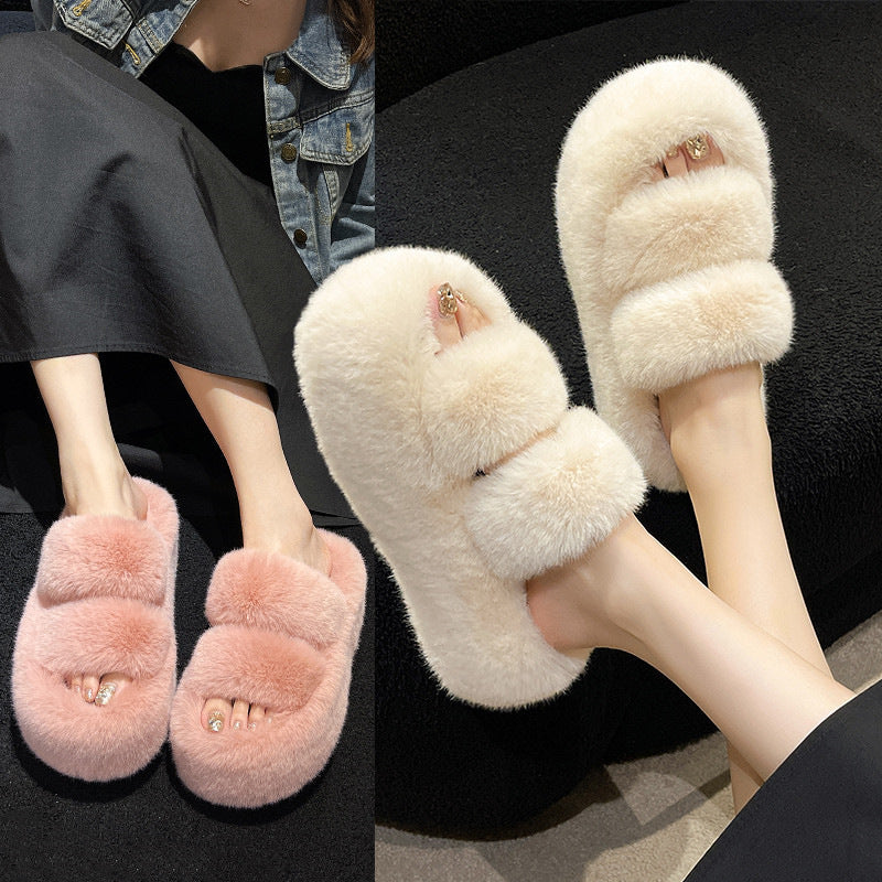 Thick-soled fuzzy slipper.