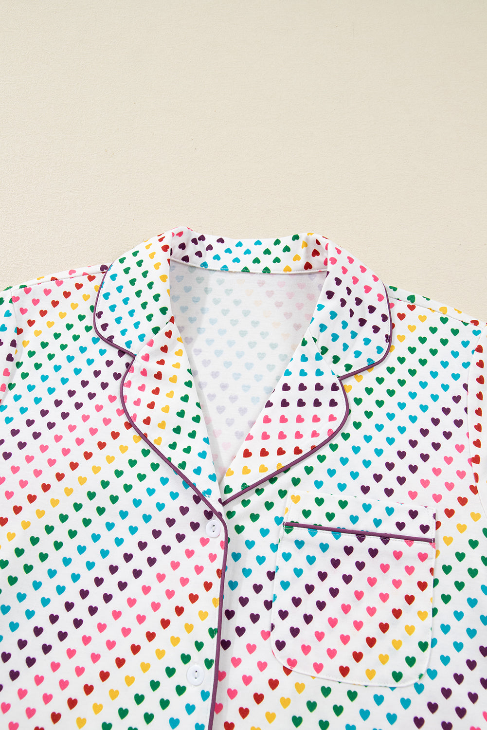 White Pride Heart Print Valentines Long 2pcs Pajama Set