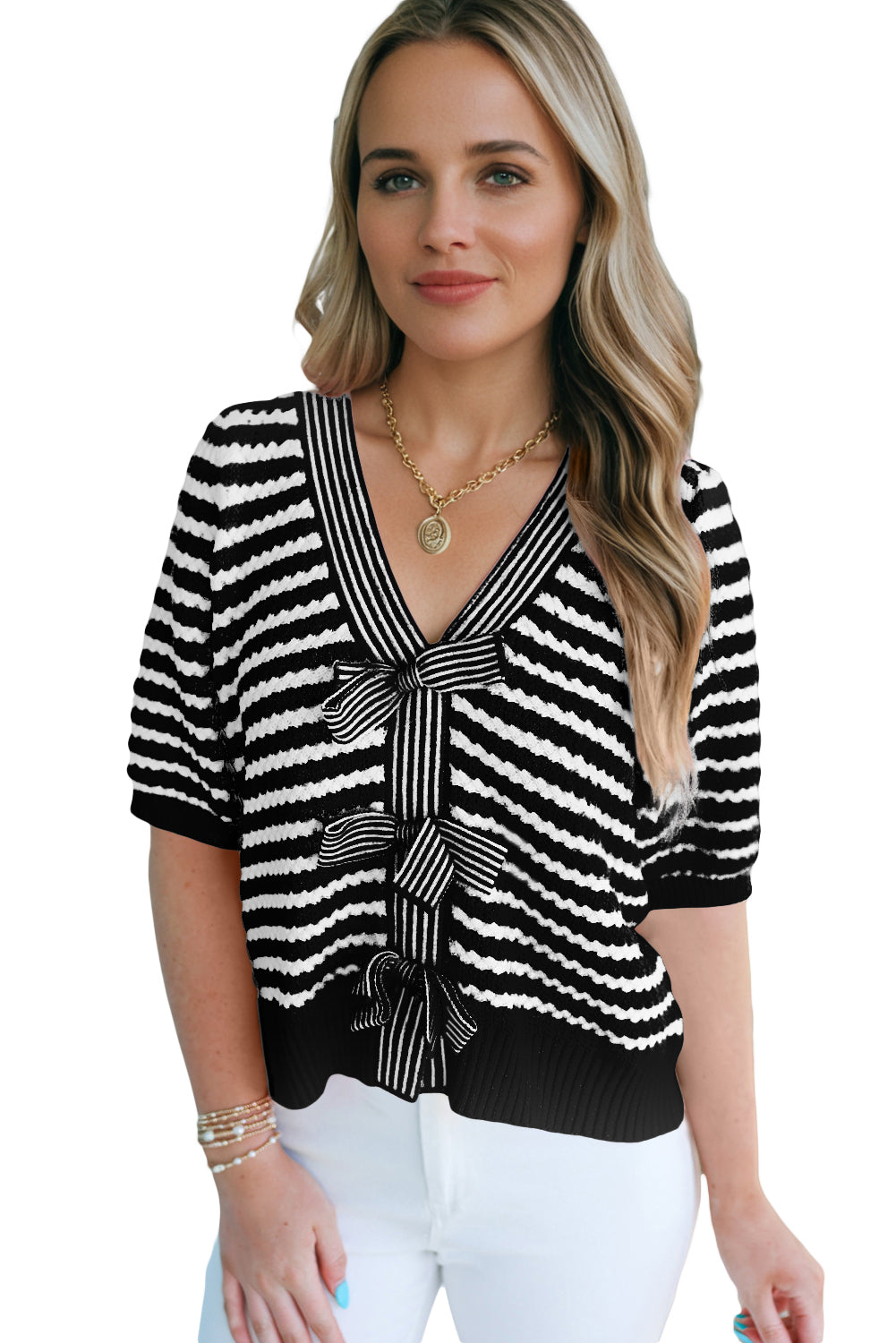 Black Stripe Short Sleeve Knit V Neck Bow Knot Sweater