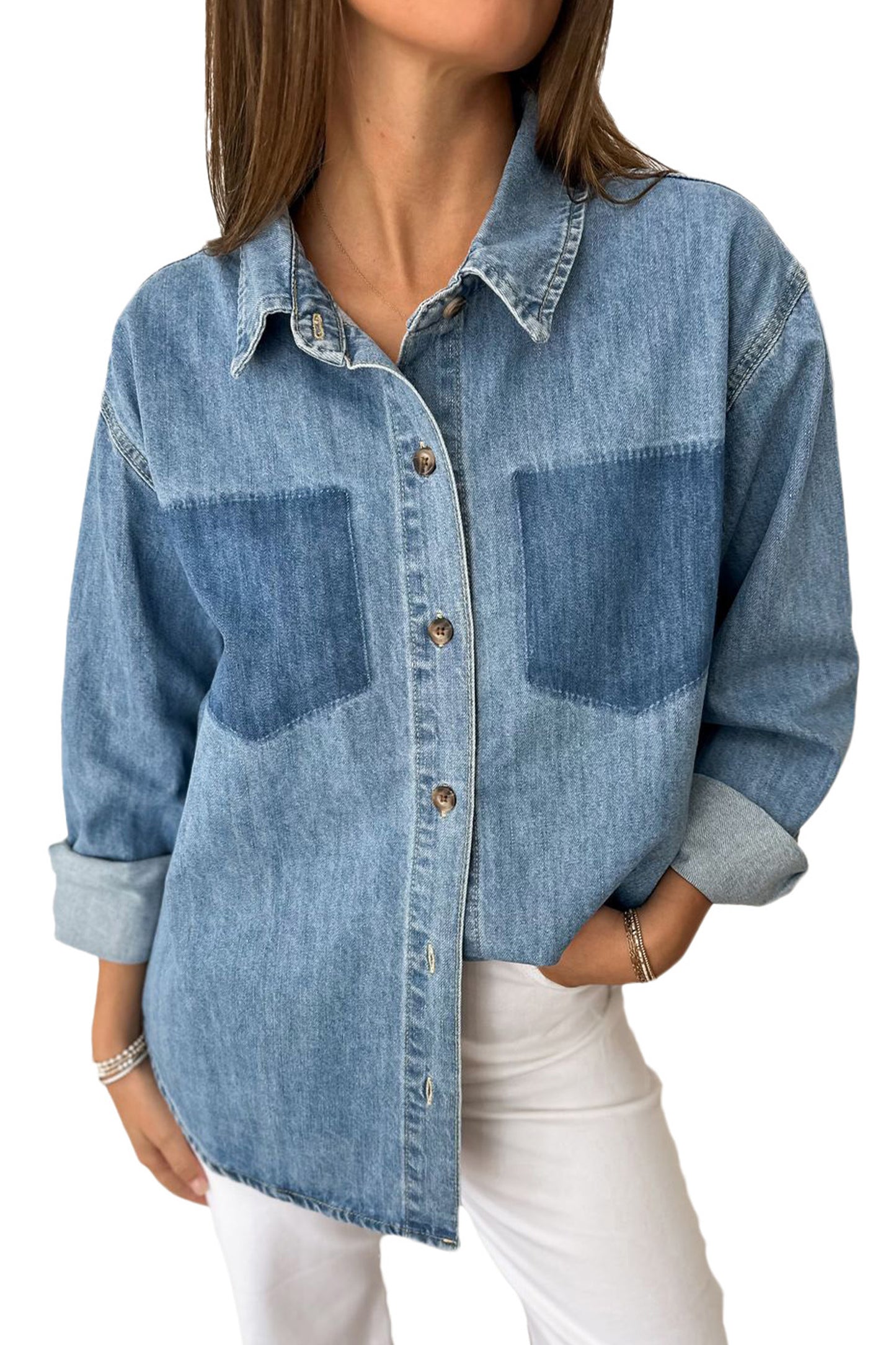 Sky Blue Oversized Denim Shirt Enzyme Washed Pocket Detail Long Sleeve Tunic Top