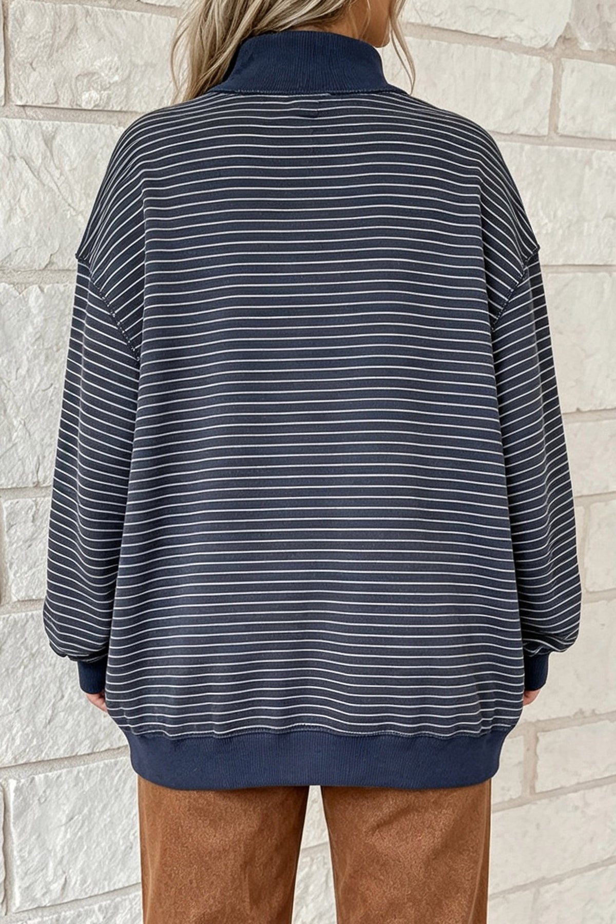 Green Stripe Ribbed Color Block Mock Neck Oversized Sweatshirt