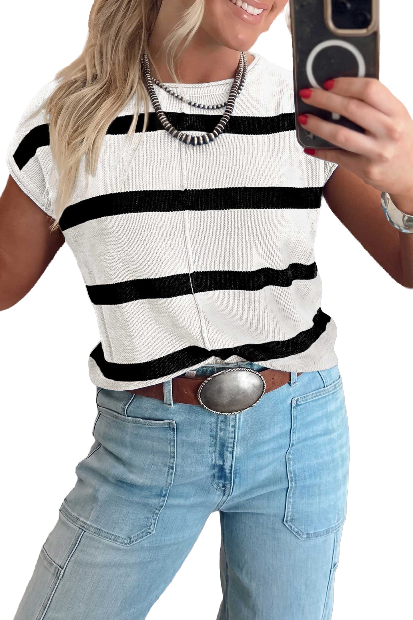 Brown Stripe Knit Western Short Sleeve Sweater