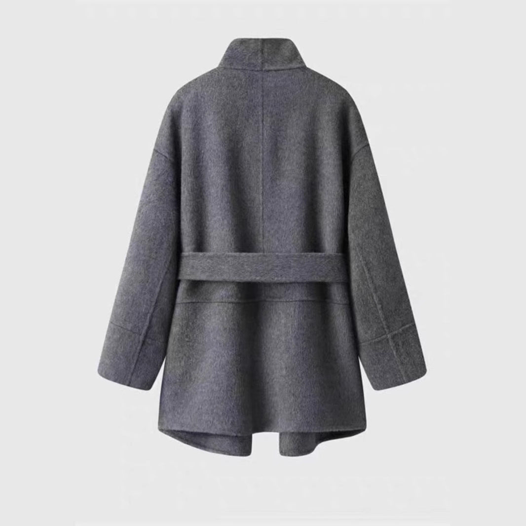 versatile tie waist shawl collar double-sided woolen coat for women