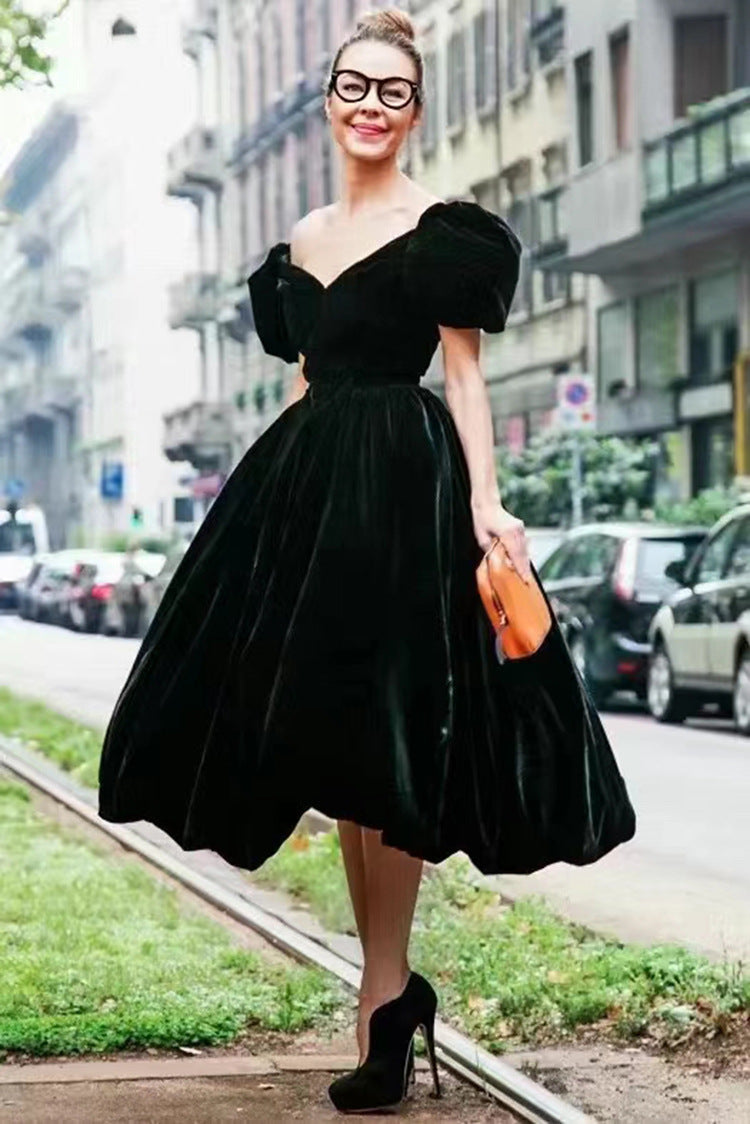 V-neck puffy sleeve thin velvet dress