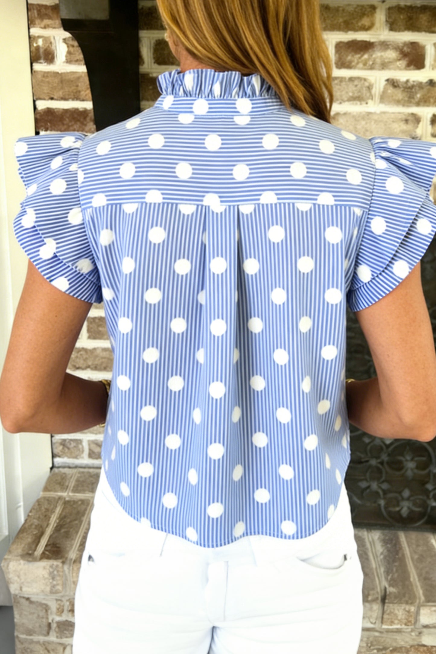 Sky Blue Stripe Contrast Polka Dot Print Pleated Ruffle Sleeve Shirt