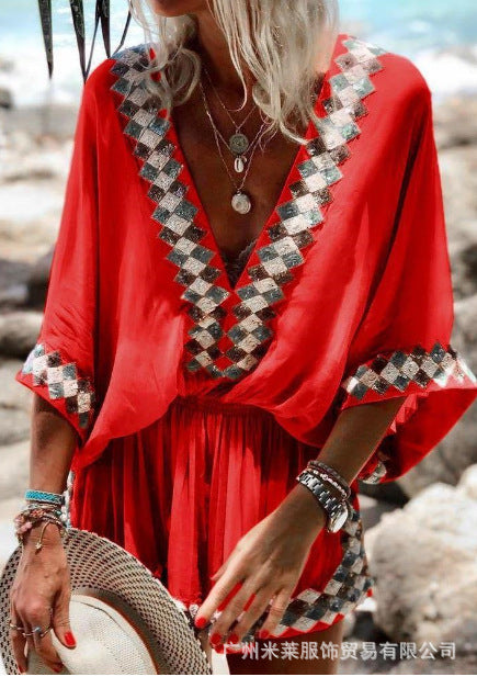 short-sleeved Bohemian tunic dress