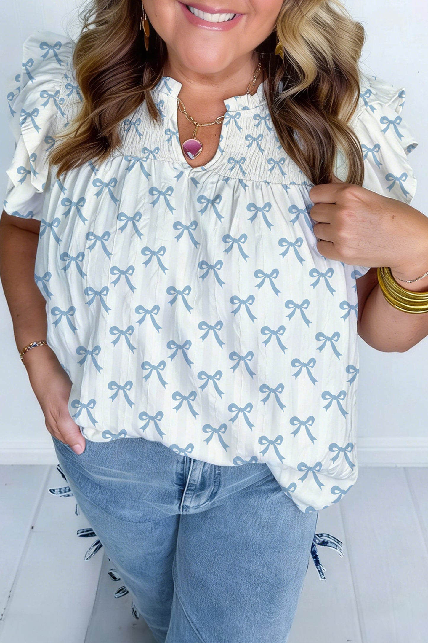 Sky Blue Ruffled Short Sleeve Plus Size Bow Top