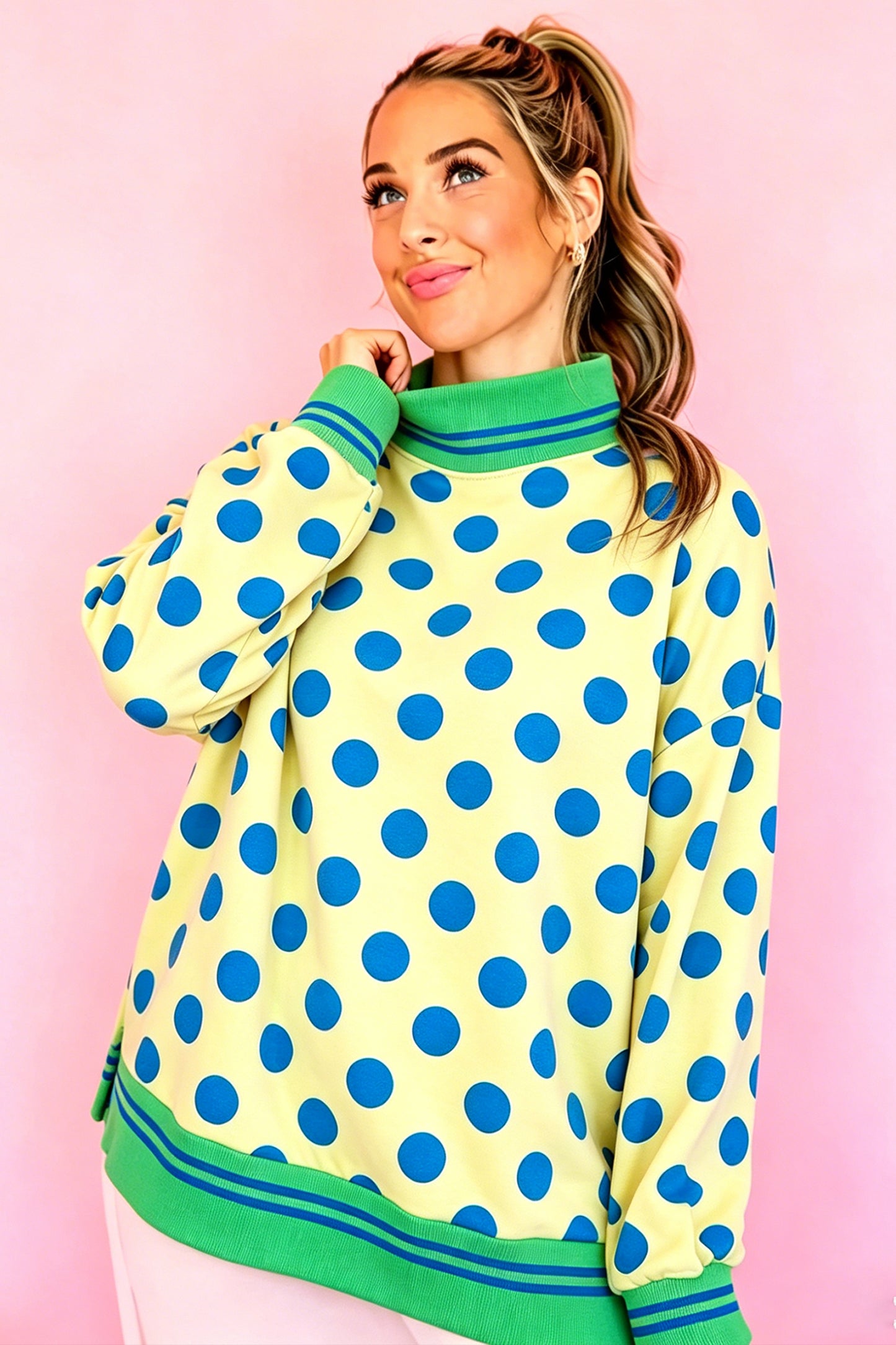 Pink Polka Dot Striped Trim Mock Neck Sweatshirt