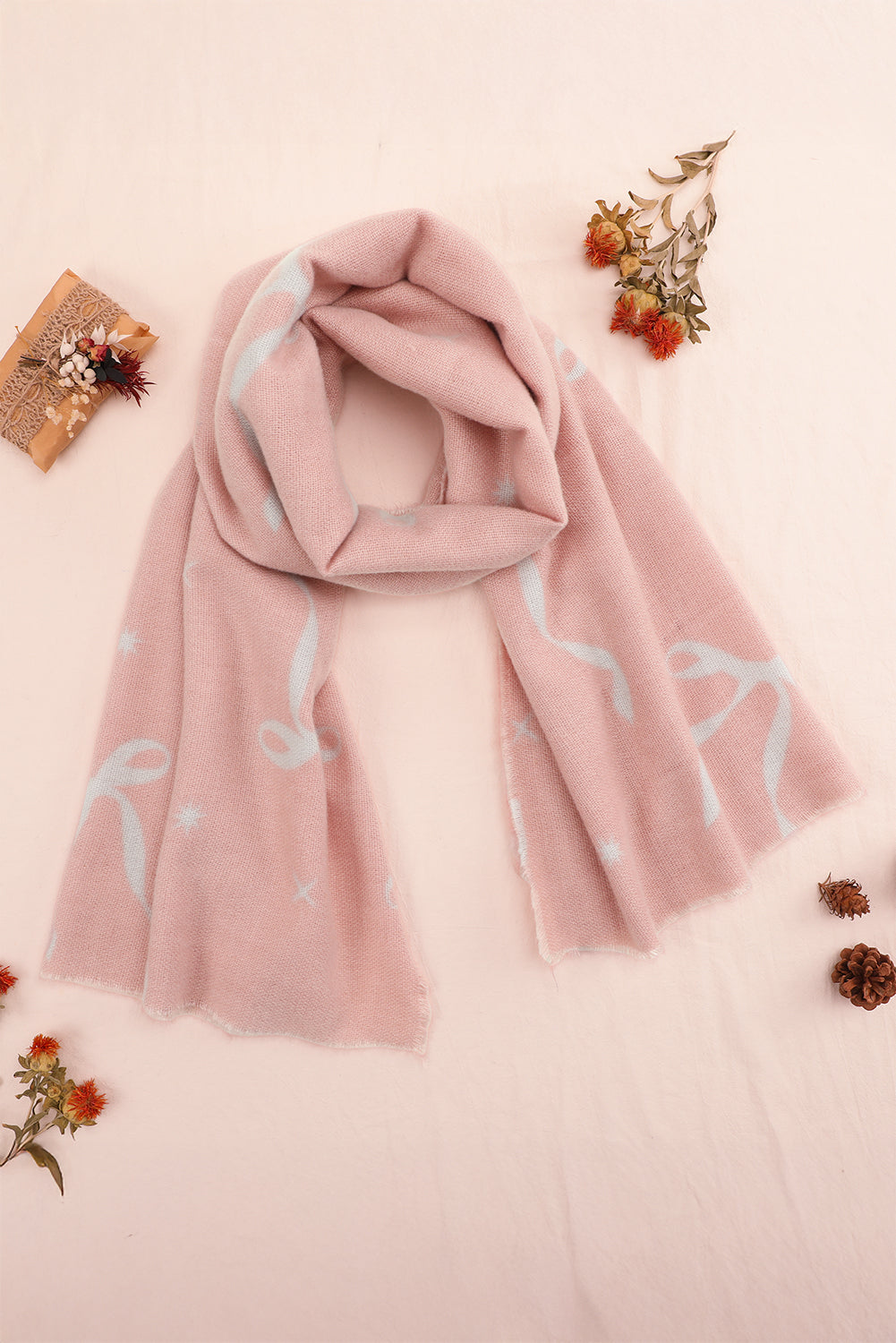 Pink Bow Star Print Raw Edge Lightweight Scarf