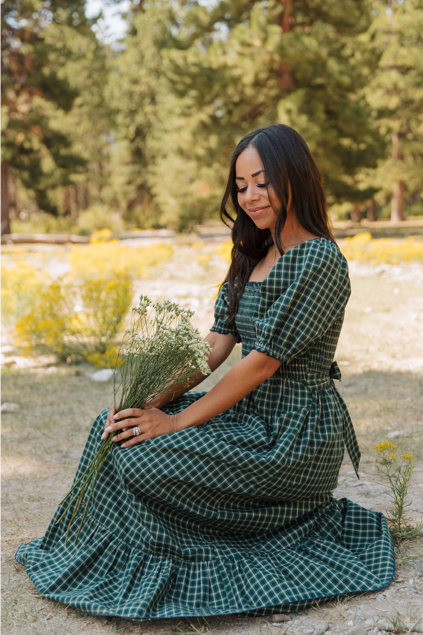 Green Square Collar Short Sleeve Plaid Dress Fit Flare Silhouette Long Daily Casual One Piece