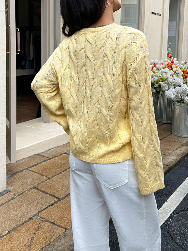 Casual simple long-sleeved solid color cable knit sweater