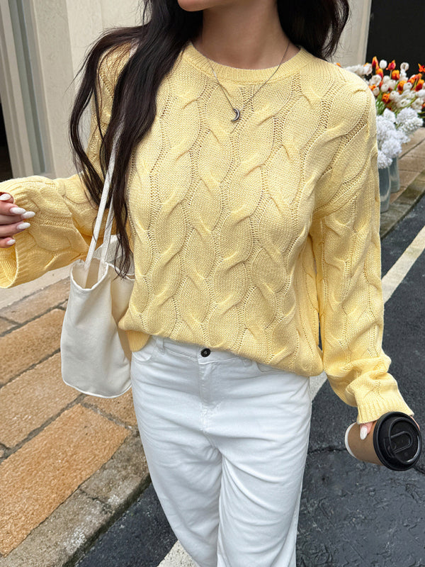 Casual simple long-sleeved solid color cable knit sweater