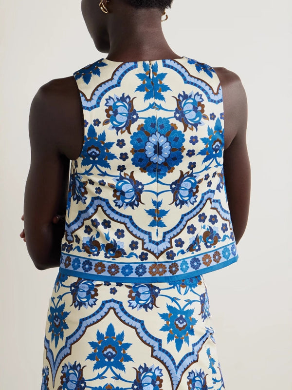 Blue printed round neck top and short skirt two-piece set