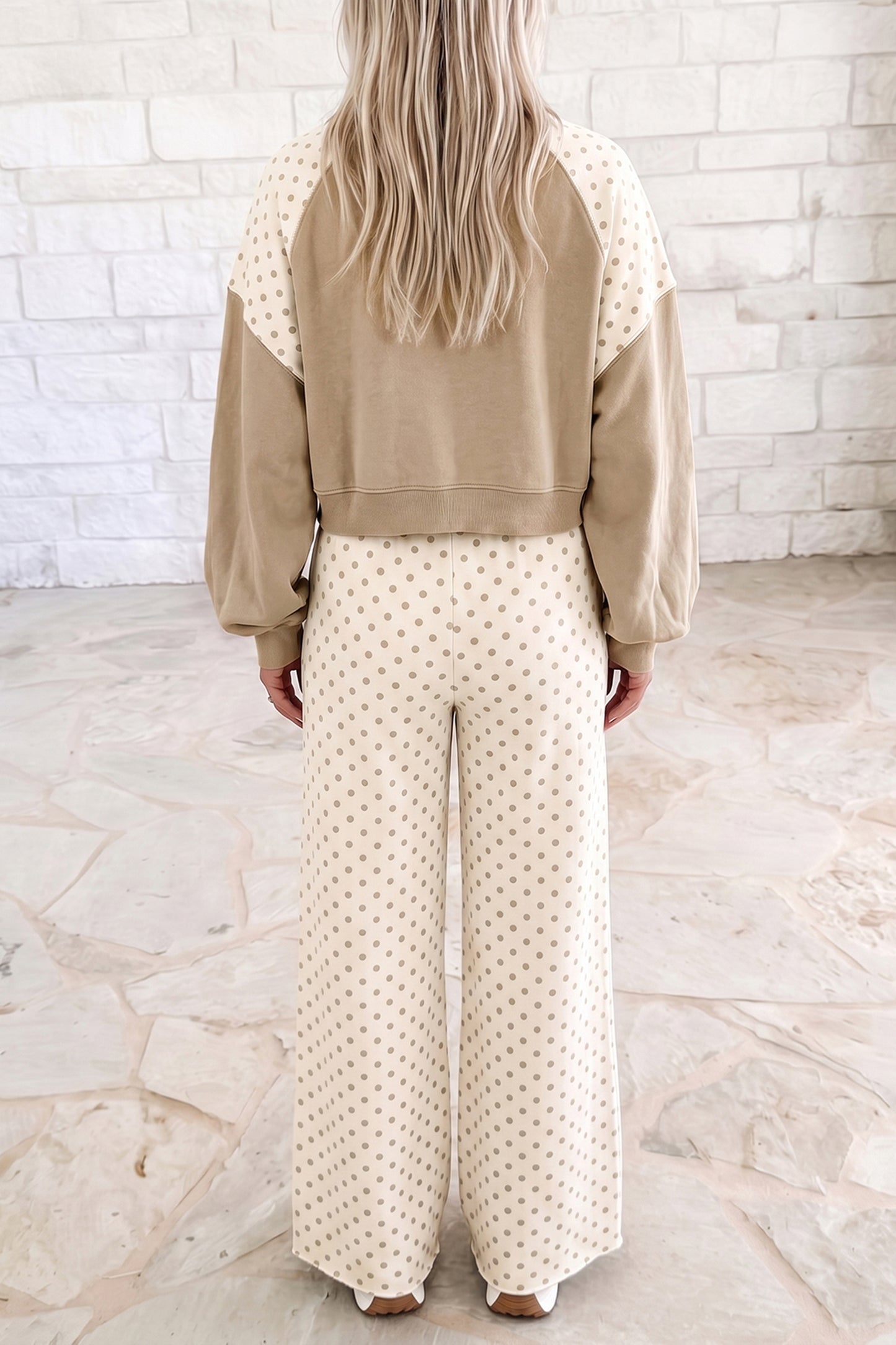 Green Polka Dot Patchwork Colorblock Long Sleeve Casual Two Piece Pants Set
