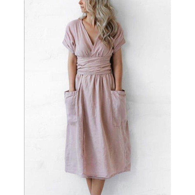 Cotton and linen casual pocket dress