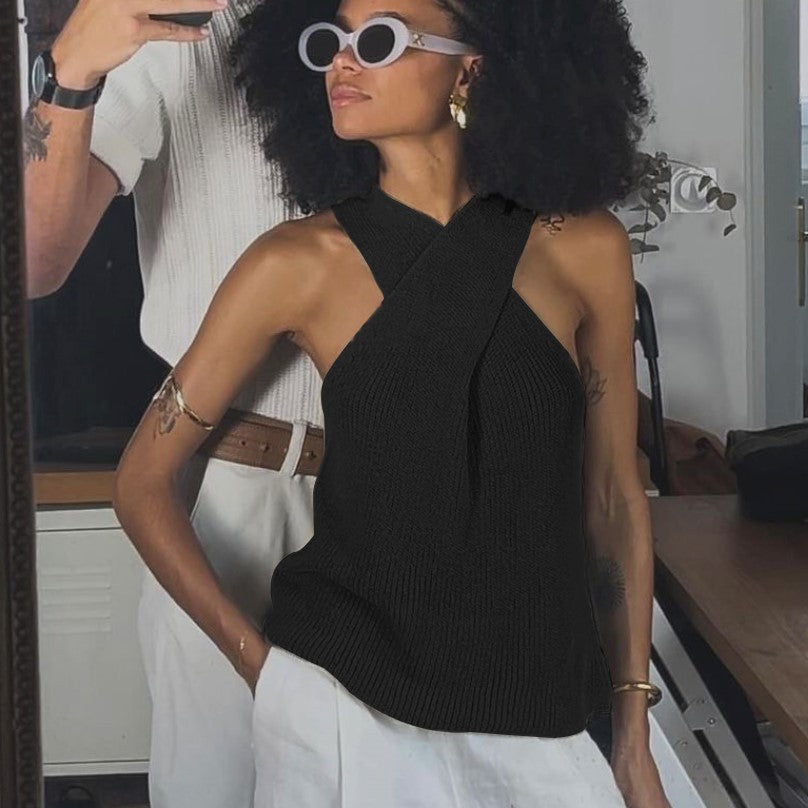 Elegant cross-neck halter, sleeveless knitted sweater tank top