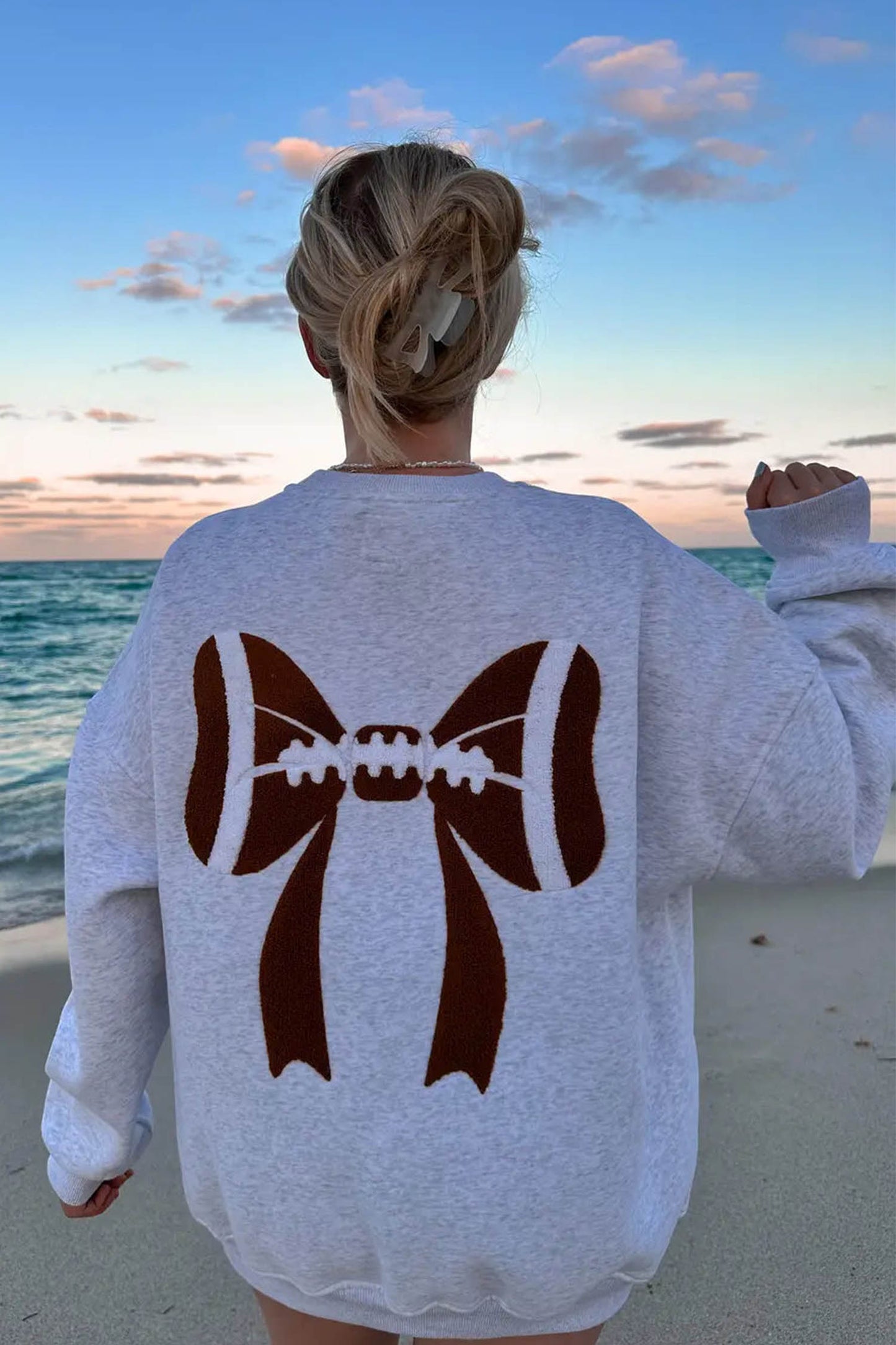 Gray Chenille Embroidered Rugby Bow Game Day Oversized Sweatshirt