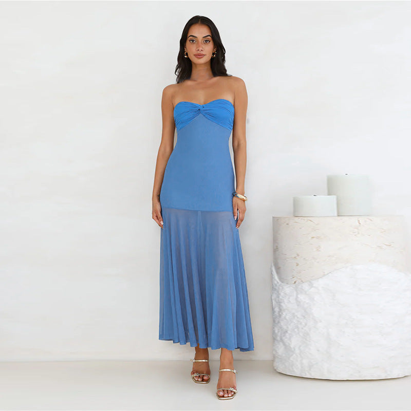 strapless flowy long dress. sheer from above knee to bottom.