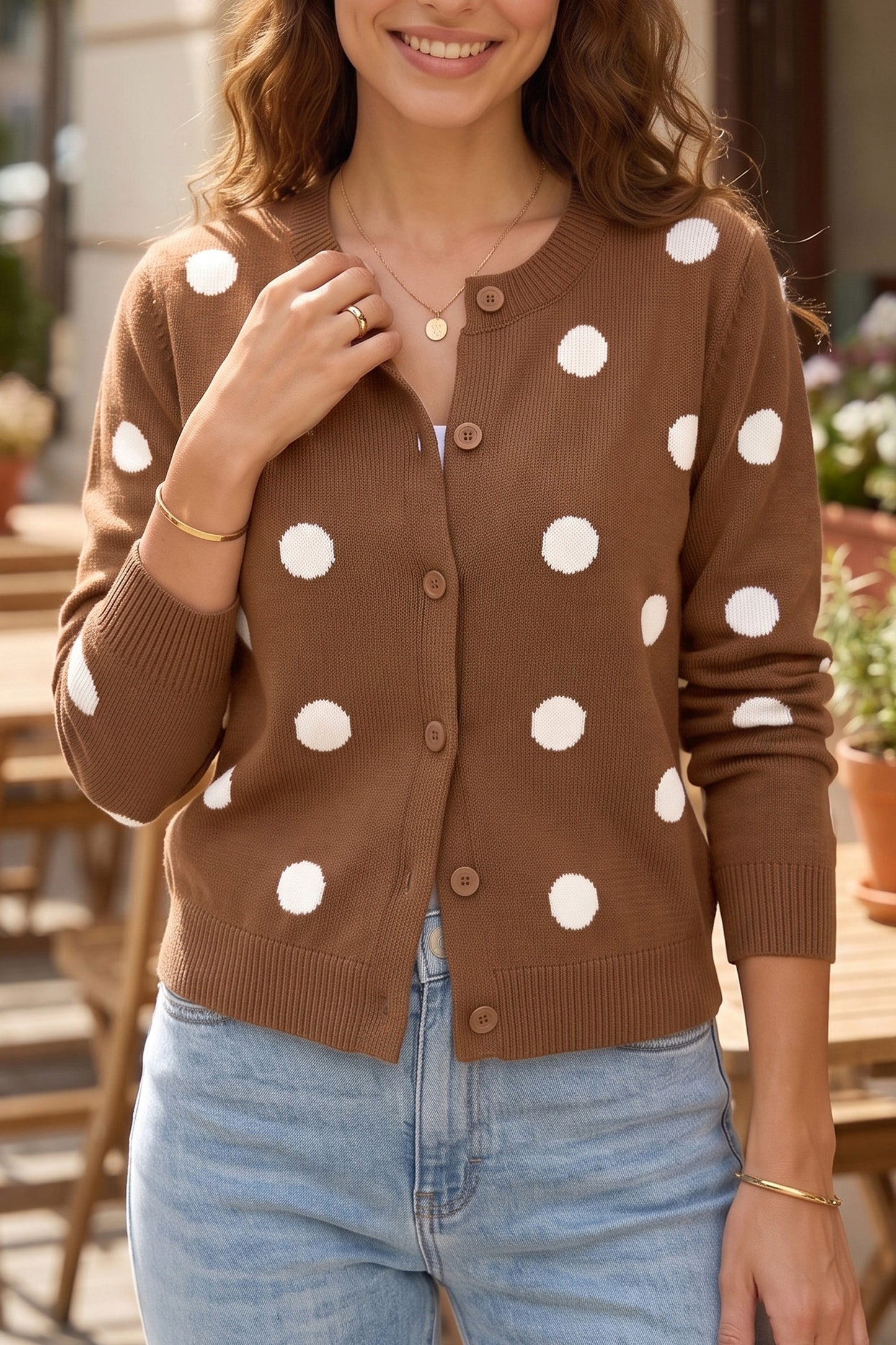 Yellow Cream Casual Polka Dot Button Front Long Sleeve Sweater Cardigan