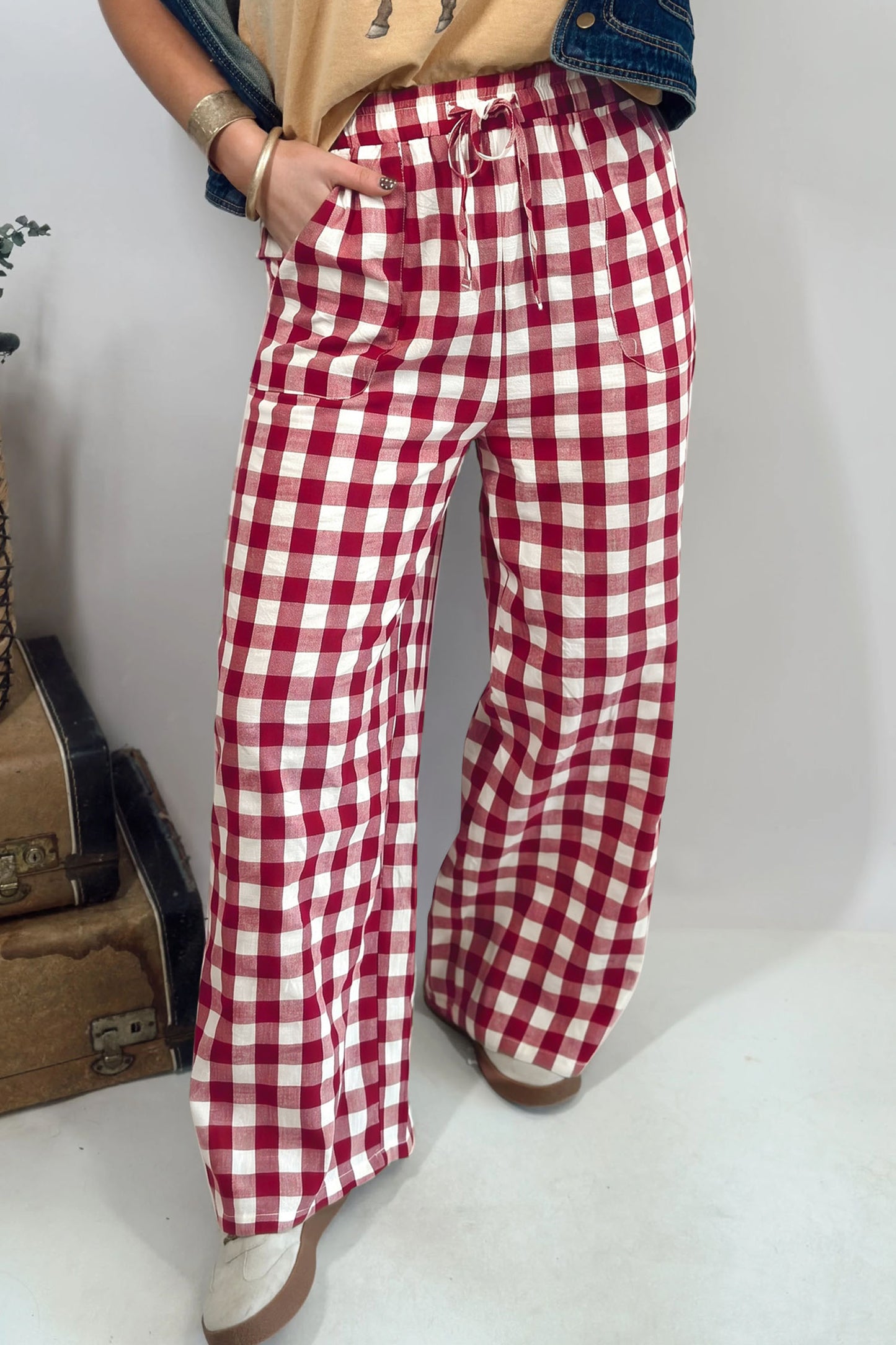 Blue Gingham Plaid Tie Elastic Waist Shift Pants