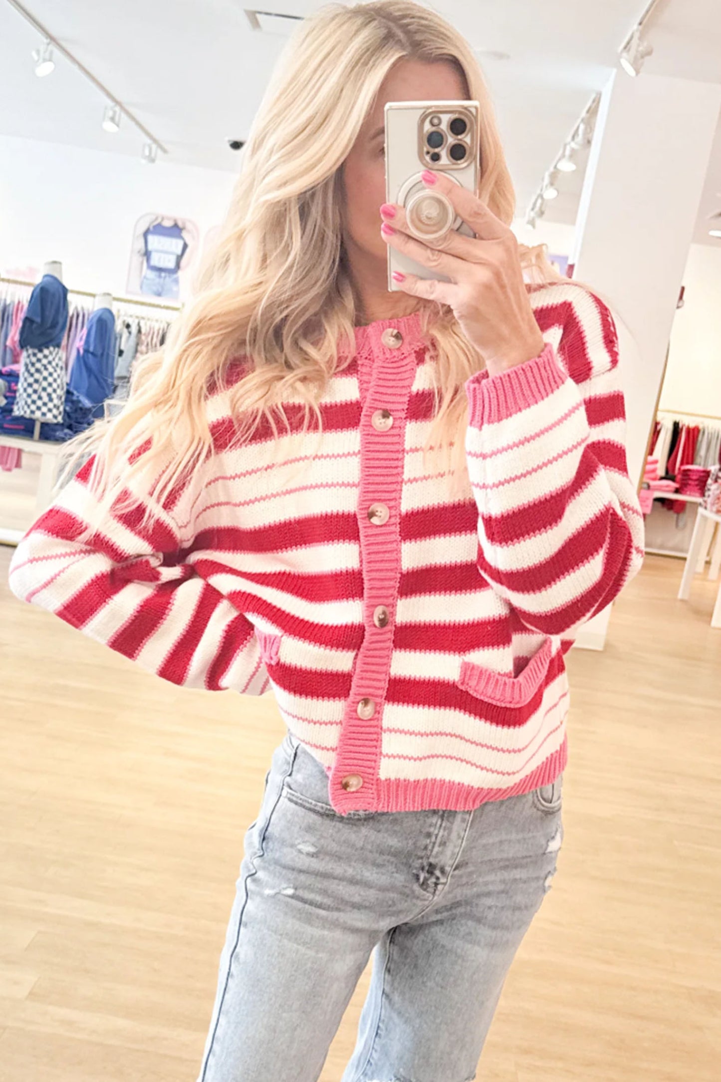 Red Stripe V Neck Long Sleeve Regular Fit Cardigan