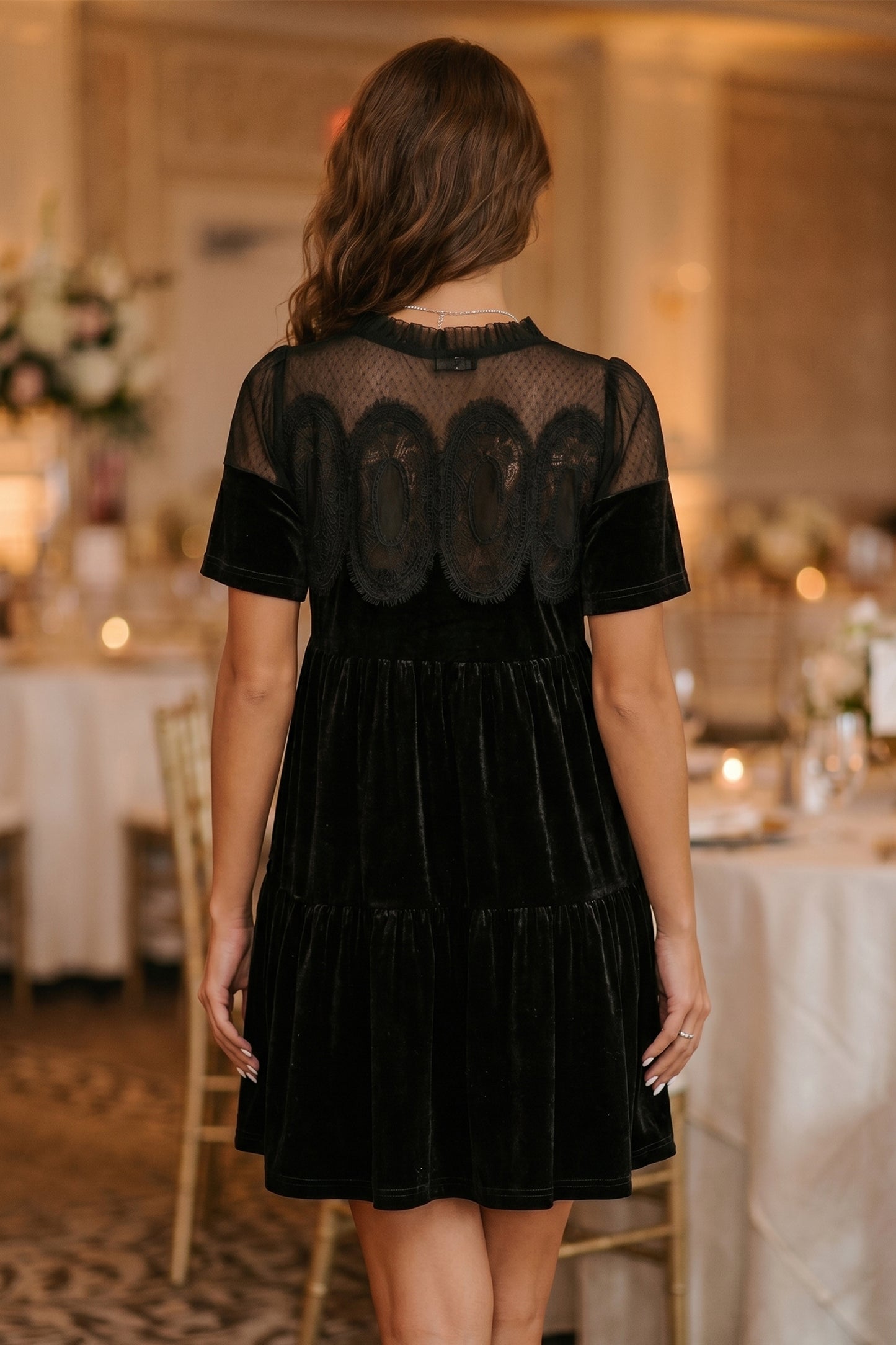Black Embroidered Velvet Short Sleeve Mini Shift Dress