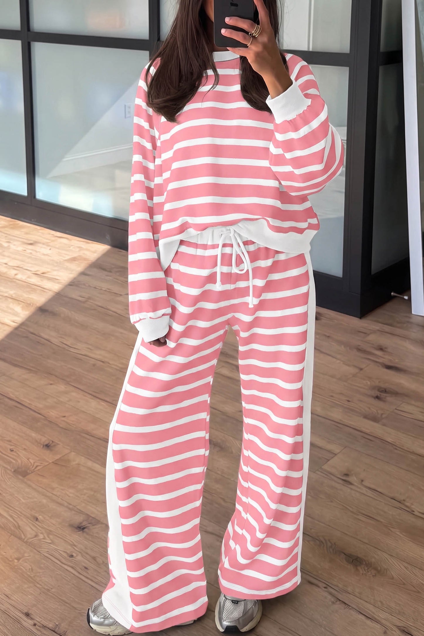 Khaki Stripe Relaxed Long Sleeve Top Color Block Detail Drawstring Pant Set