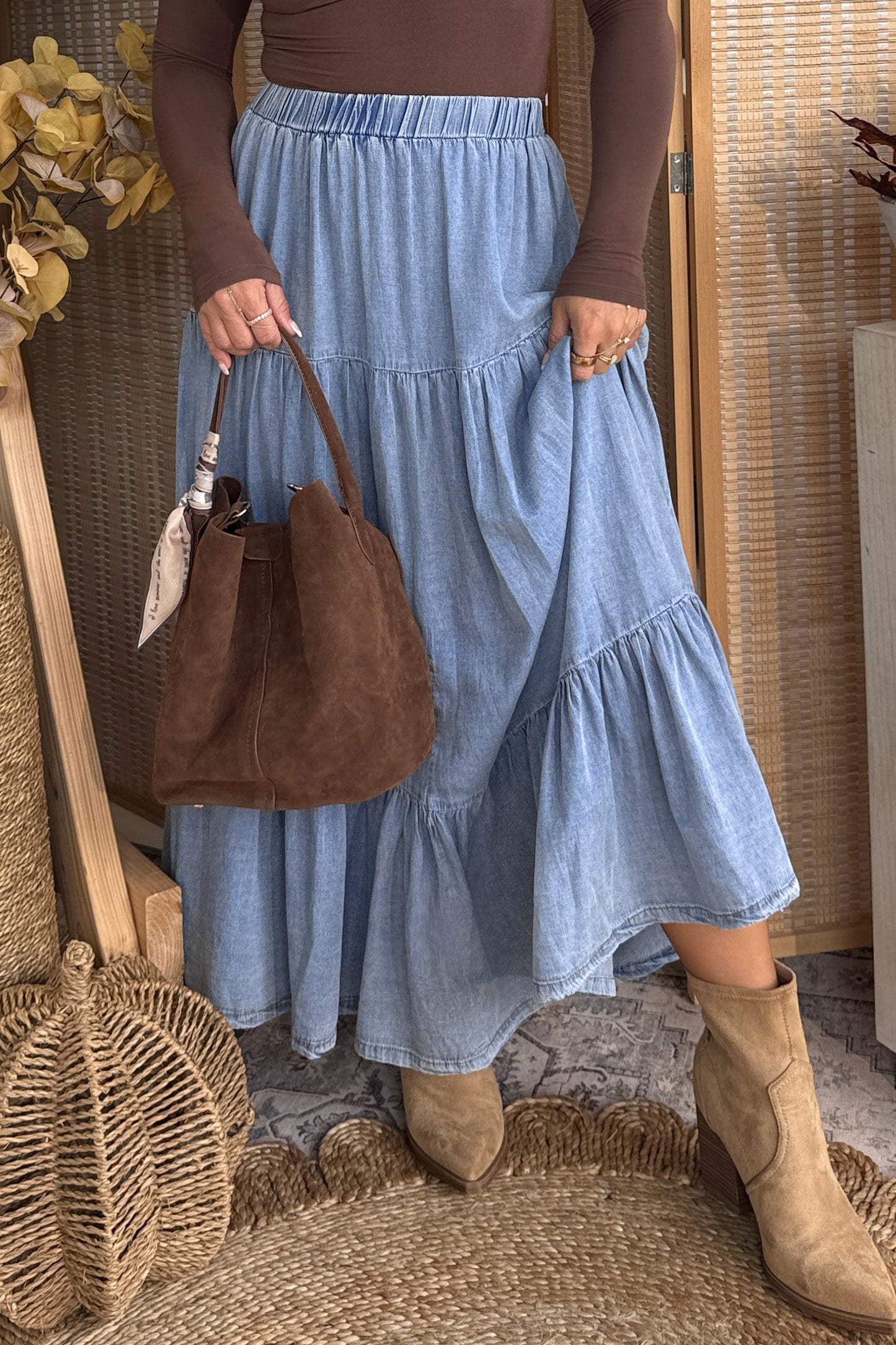 Black Elastic Waist Ruffled Tiered Flared Denim Maxi Skirt